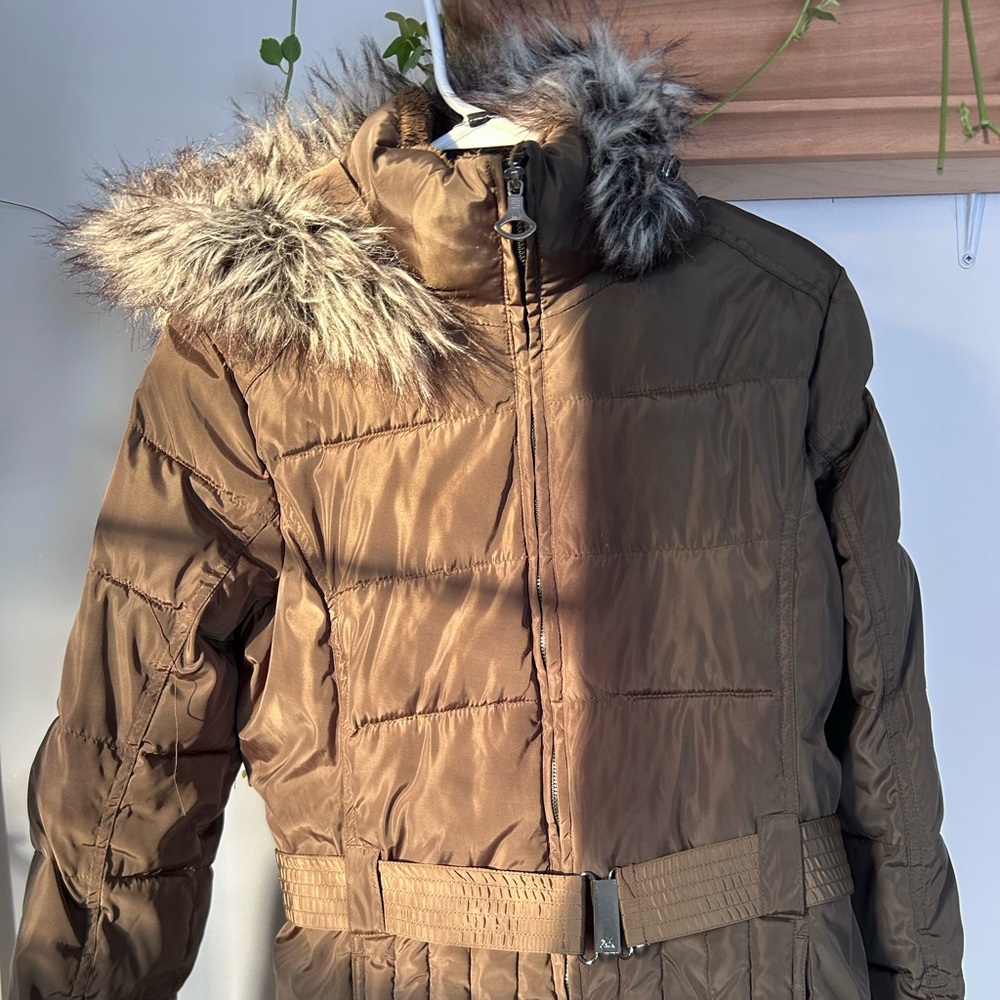 Olive green  Puffer Coat with Faux Fur Hood